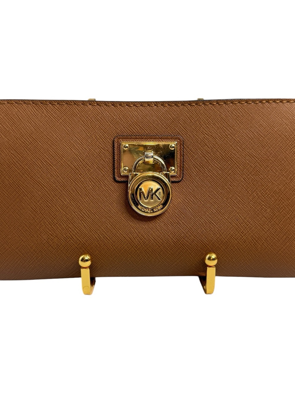 Michael Kors Hamilton Traveler Brown Saffiano Leather Wallet Gold Hardware | GUC - Picture 1 of 10